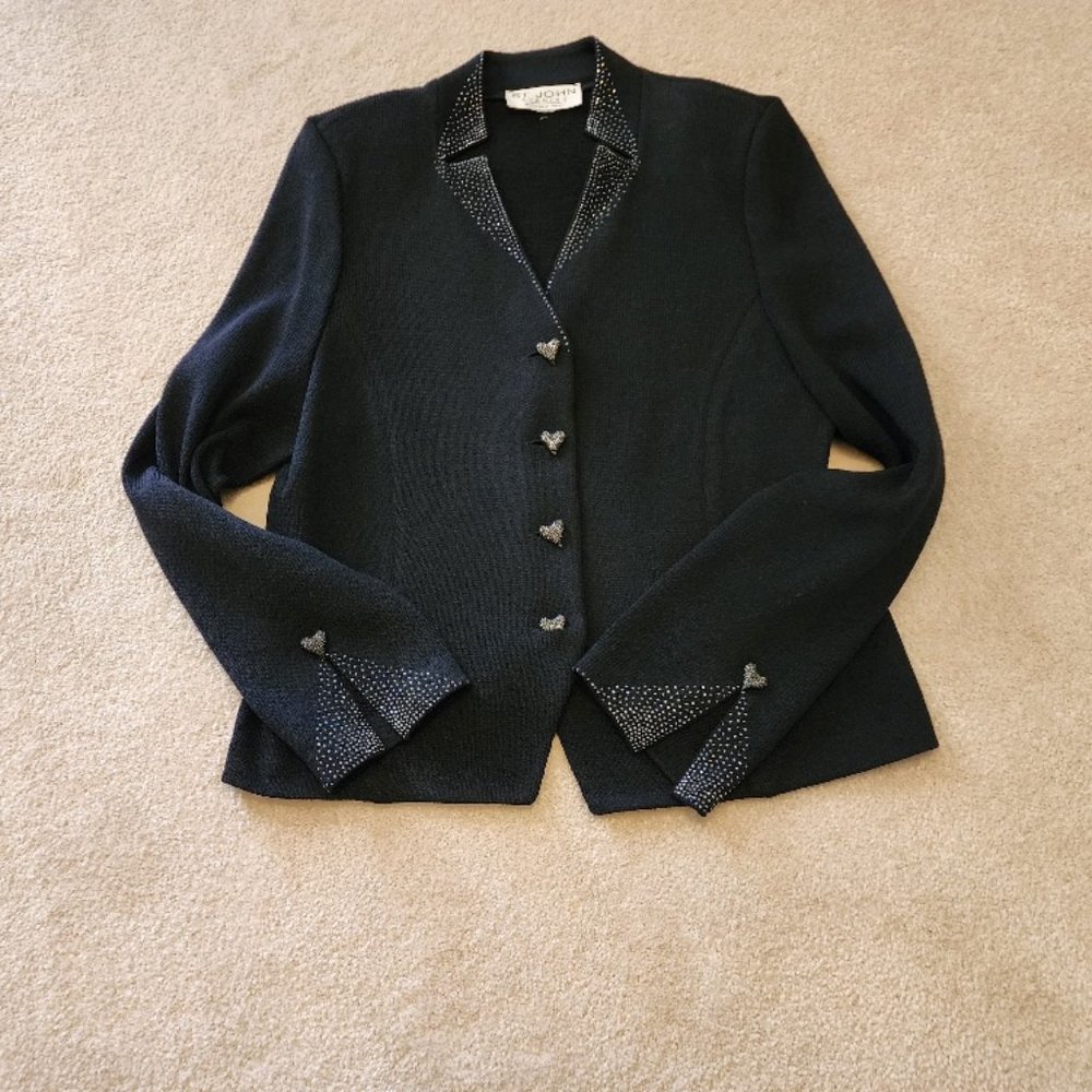 St. John Evening Maire Gray Black Princess Knit Jacket with Heart Buttons
